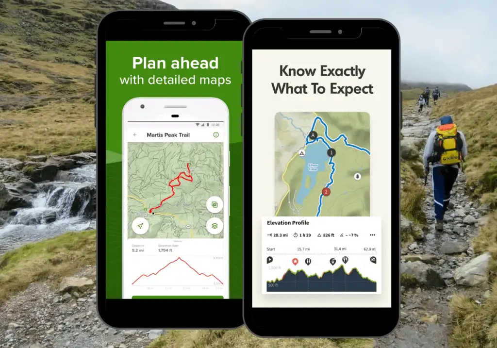 Two smartphones showcasing planning and expectations for a hike.